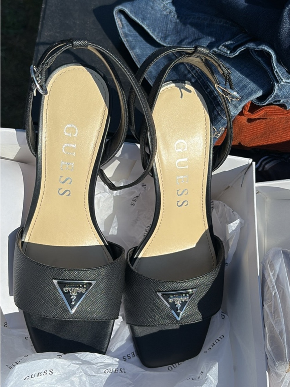 GUESS Black Ankle-Strap Block Heel Sandals with Logo Accent